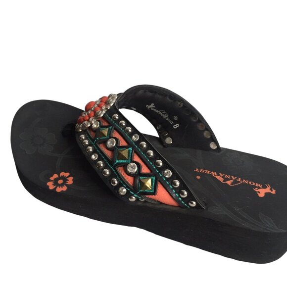 Montana West Shoes Womens Size 8 Black Wedge Flip Flop Sandals Rhinestone - Picture 6 of 10
